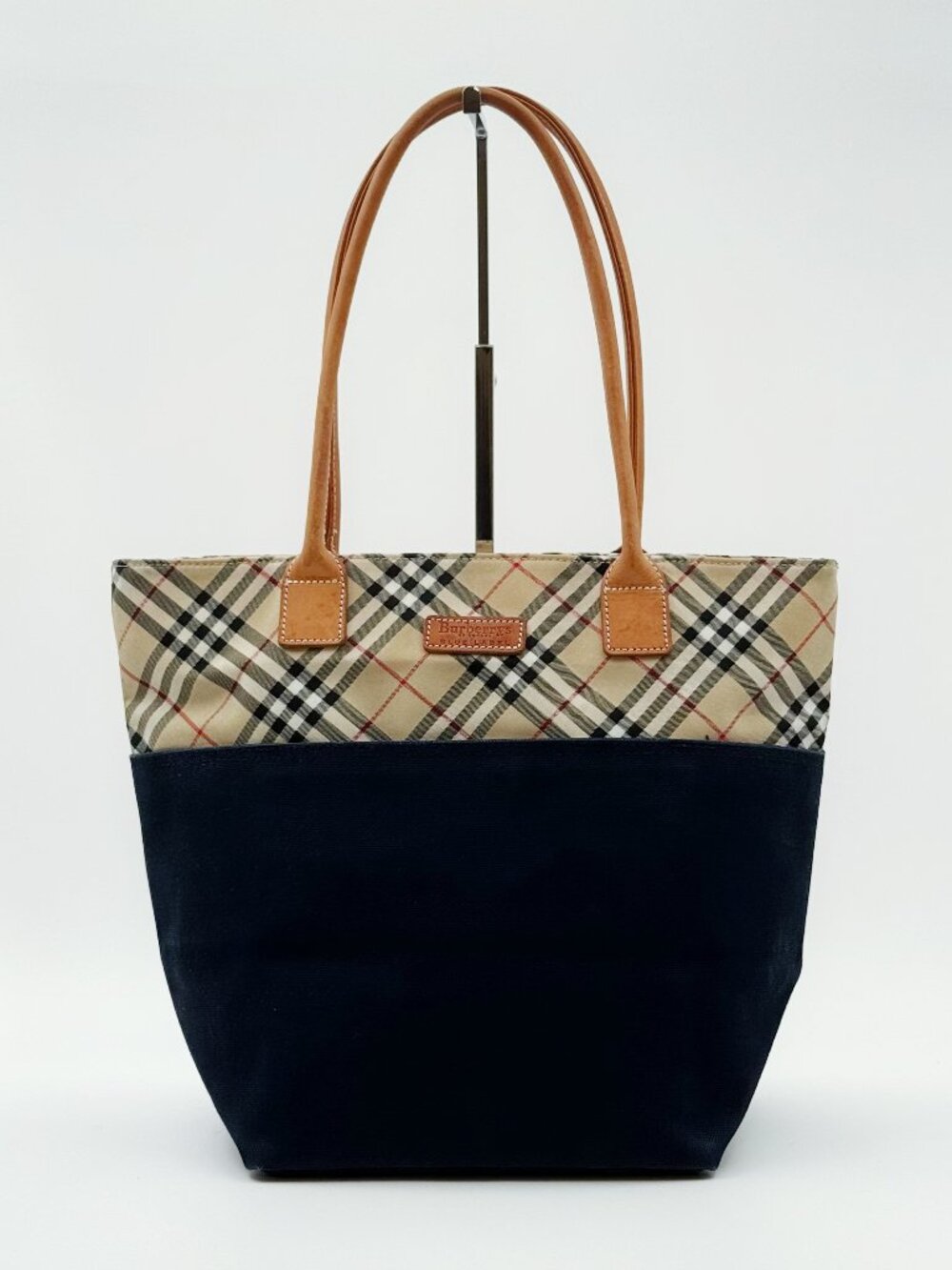 Burberrys Vintage Nova Check Canvas Tote Shoulder Bag Navy Beige Leathe